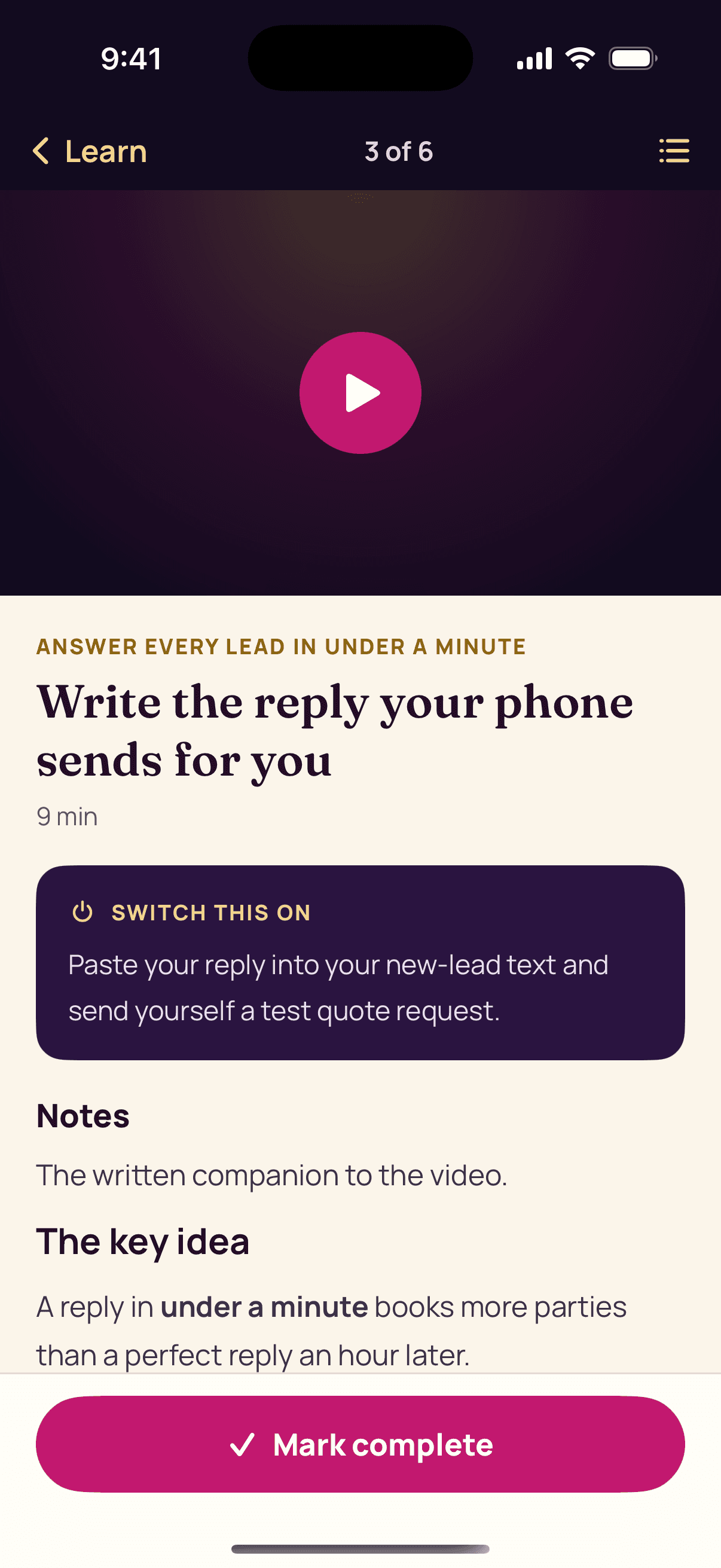 Gala app lesson screen: “Write the reply your phone sends for you”, with a video and a Switch this on step.