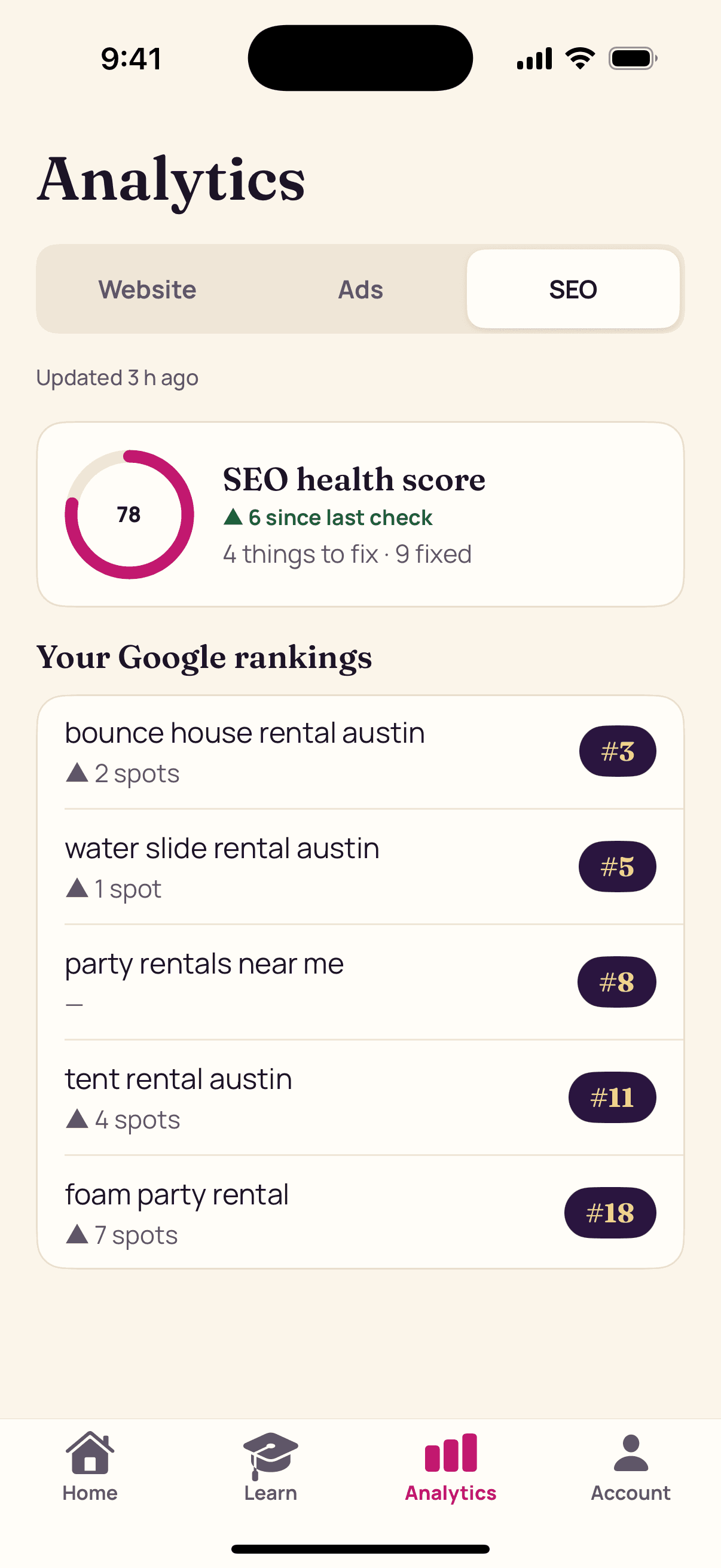 Gala app SEO screen: a health score of 78 and Google rankings for searches like bounce house rental Austin.